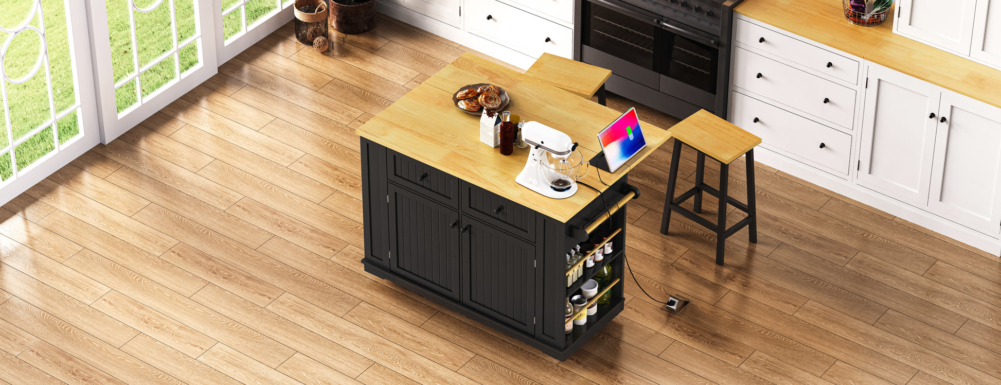 48 Inch Kitchen Island with 2 Bar Stools - Black