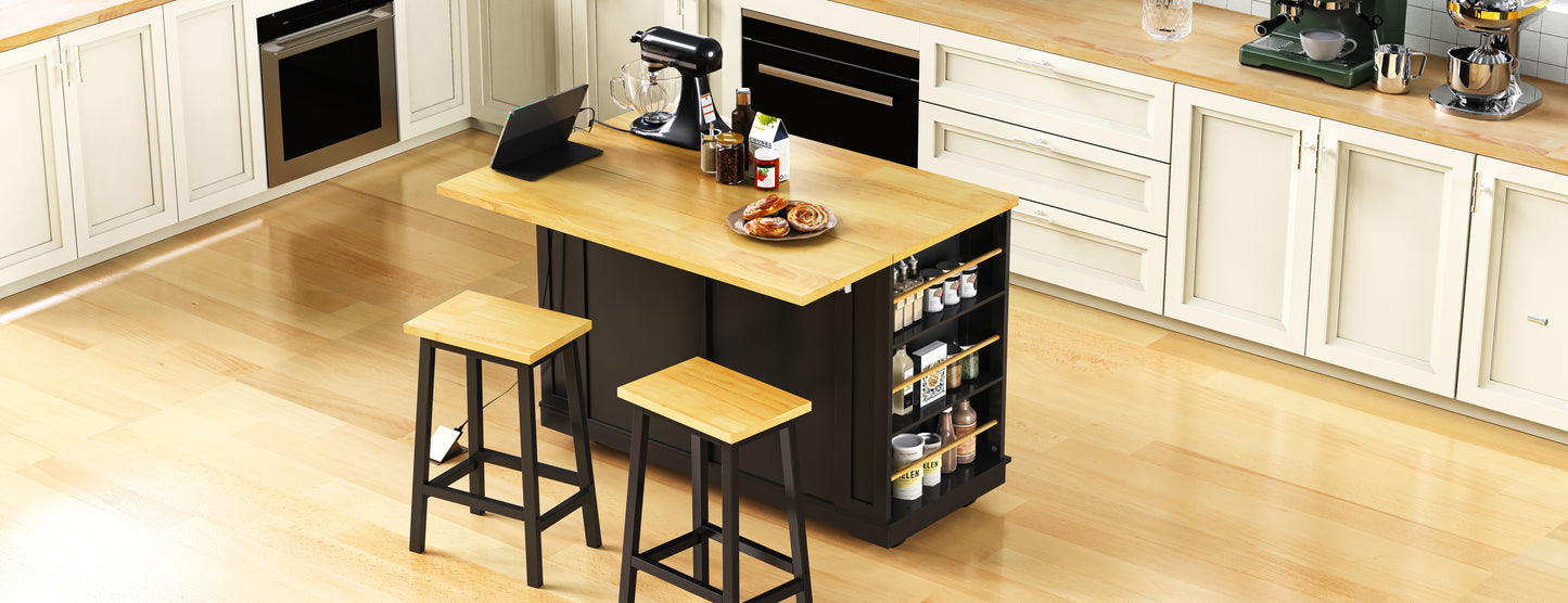 48 Inch Kitchen Island with 2 Bar Stools - Black