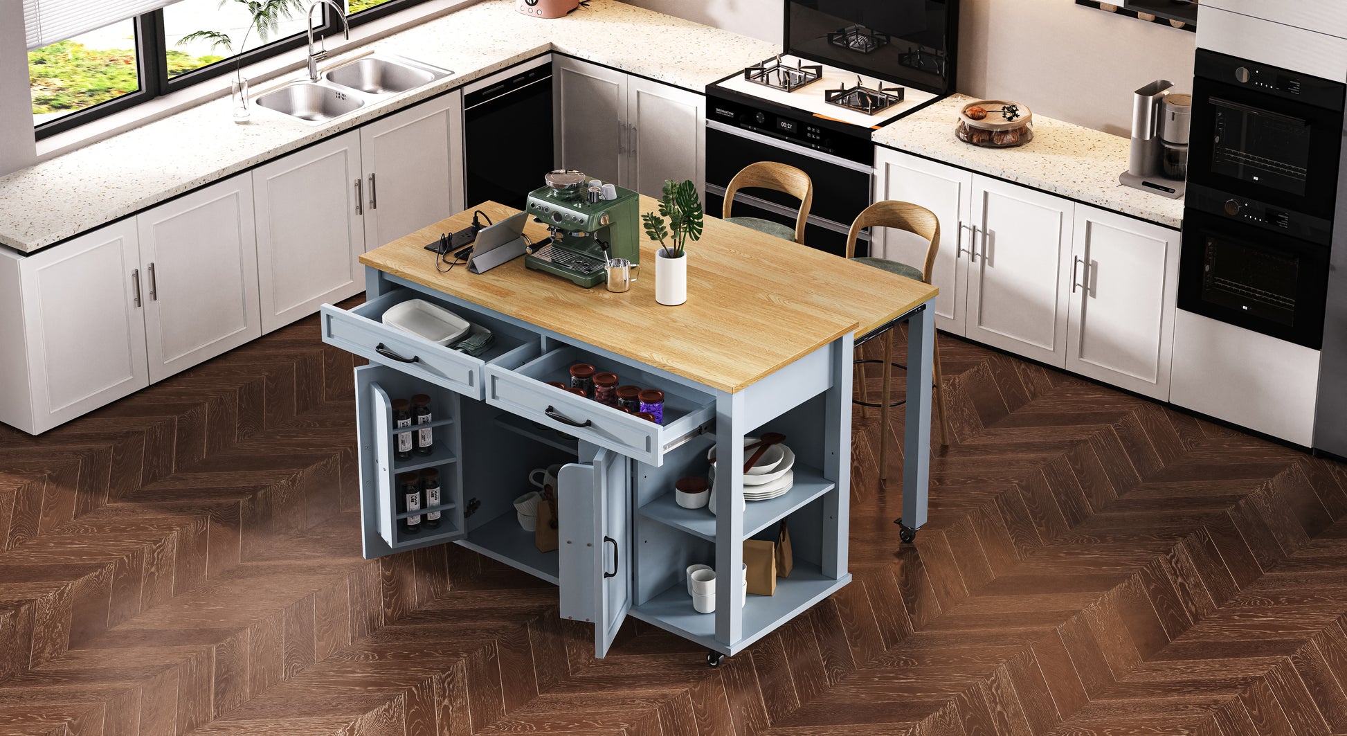 Grey Blue Kitchen Island Table with Storage