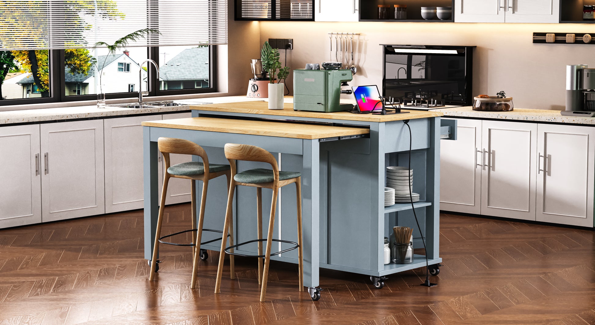 Grey Blue Kitchen Island Table with Storage