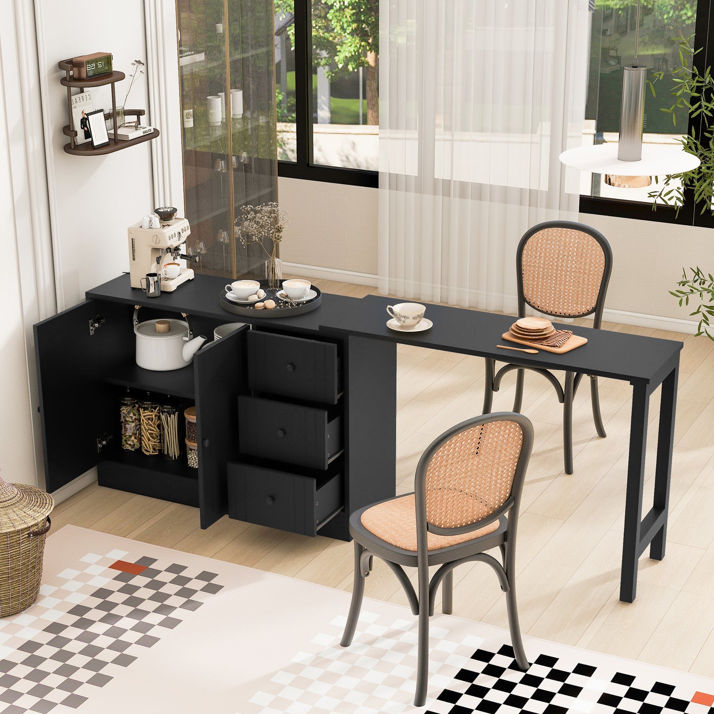 U_STYLE 89.7''Wooden Sideboard with Extendable Table,Multifunctional Storage Cabinet with 2 Doors and 3 Drawers,for Living Room,Study,Foyer and Kitchen