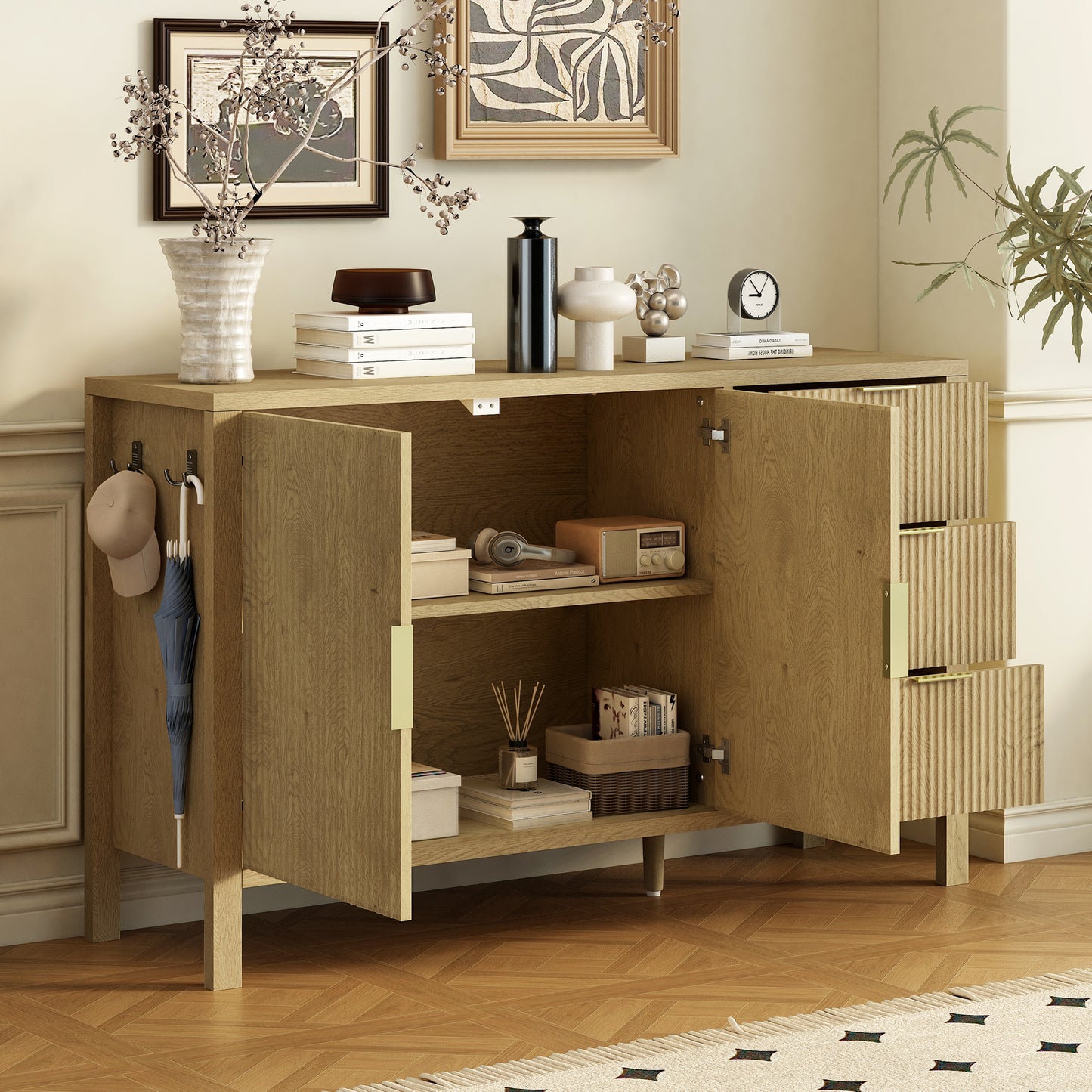 Natural Wave Sideboard - 55" Buffet Cabinet with Adjustable Shelves