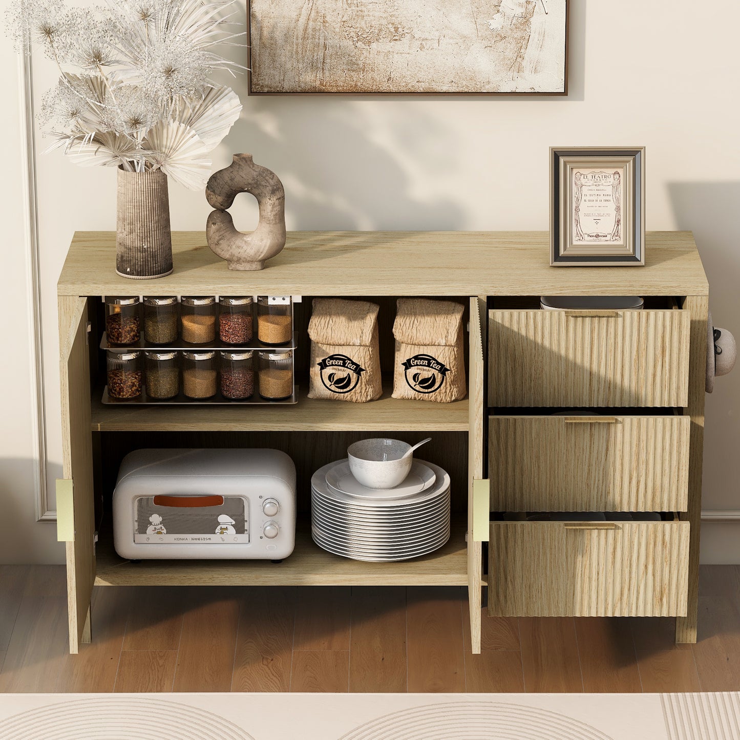 Natural Wave Sideboard - 55" Buffet Cabinet with Adjustable Shelves