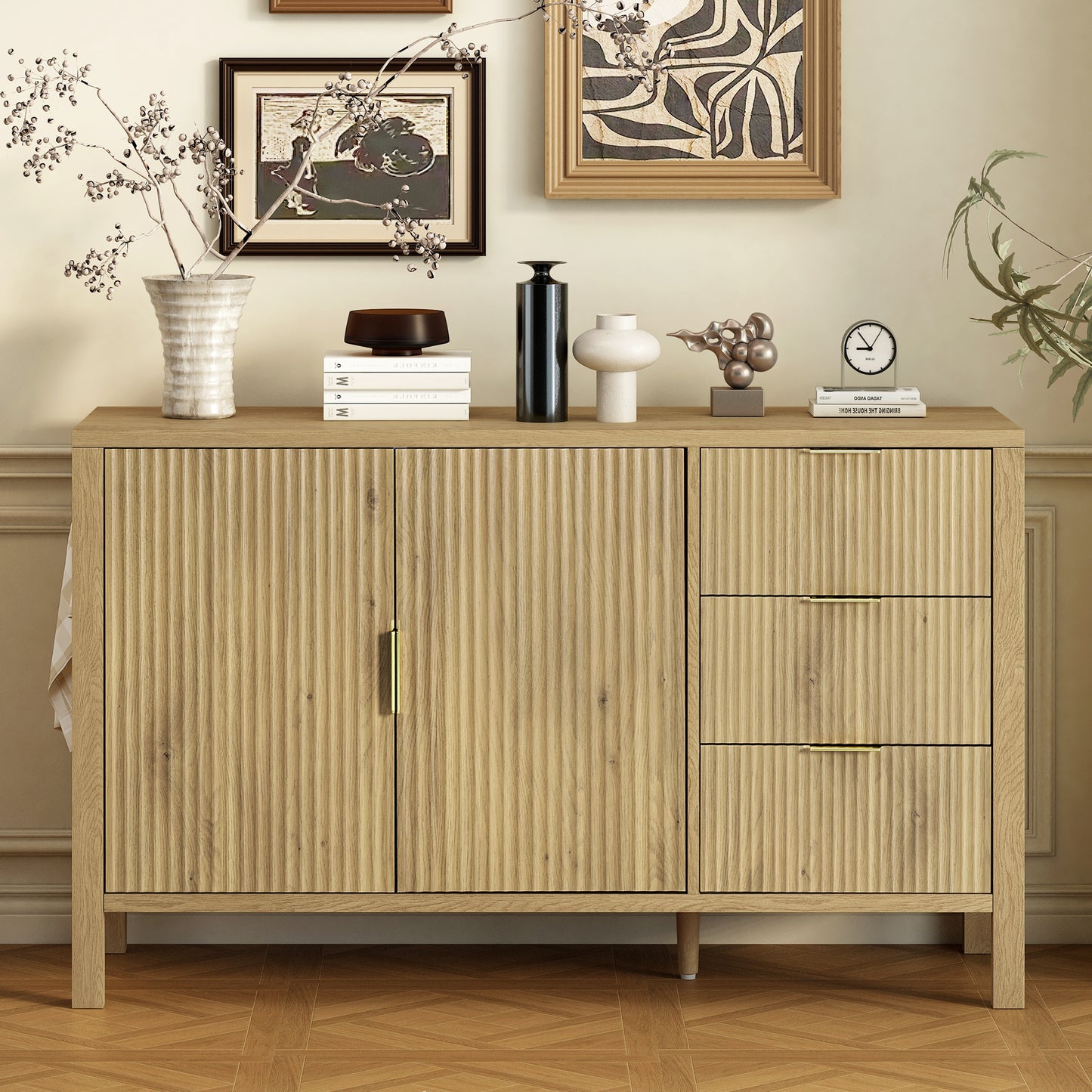 U-Style Modern Wave-Pattern Sideboard with 3 Drawers, Large Storage Buffet Cabinet with Hooks and Extra Center Leg,Suitable for Living Room,Entryway,Hallway.