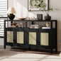 TREXM Bohemian Style Rattan Buffet Storage Cabinet with Solid Wood Frame, Sideboard with 3-position Adjustable Shelves for Living & Dining Rooms, No-Handle Push-to-Open Design (Black)