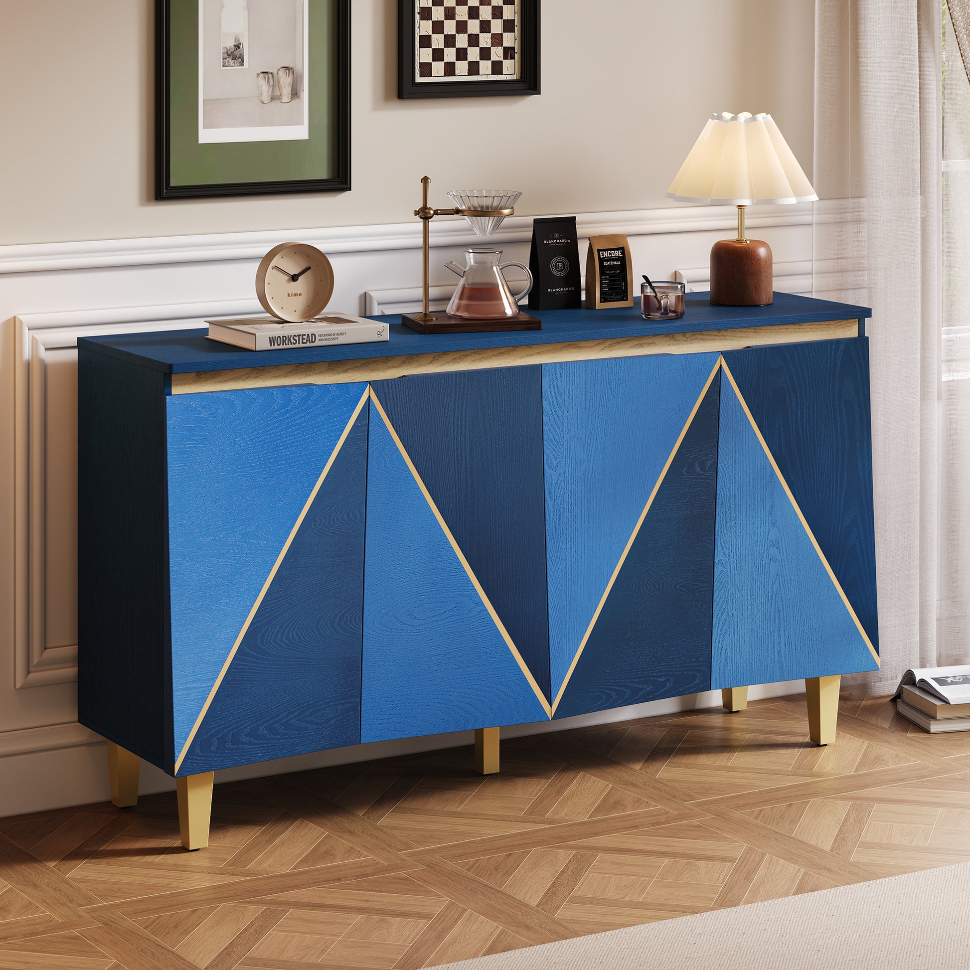 TREXM 60" Retro Buffet Cabinet with Storage, 4-Door Vintage Sideboard Cabinet with Dimensional Effect Doors and Adjustable Shelves for Dining Room, Kitchen, and Living Room (Light and Dark Navy)