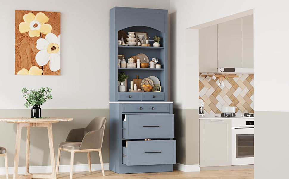 Gray Farmhouse Kitchen Pantry - 83.7" Tall Hutch with Marble Top