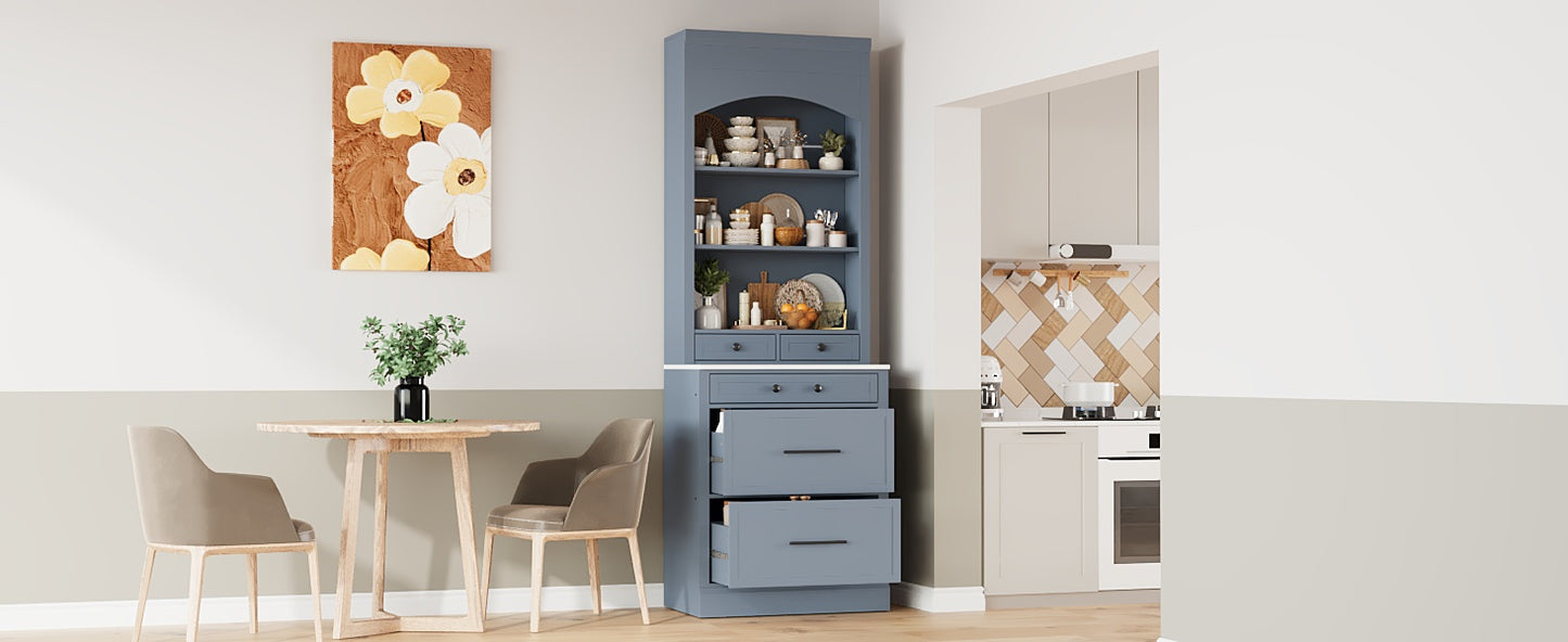 Gray Farmhouse Kitchen Pantry - 83.7" Tall Hutch with Marble Top