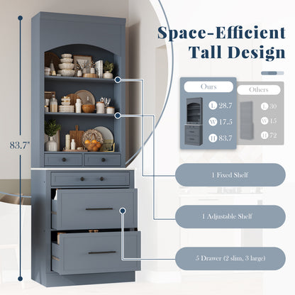 Gray Farmhouse Kitchen Pantry - 83.7" Tall Hutch with Marble Top