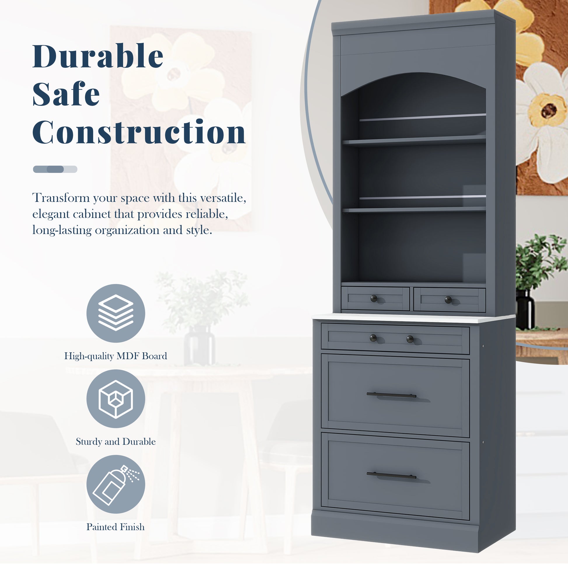 Gray Farmhouse Kitchen Pantry - 83.7" Tall Hutch with Marble Top