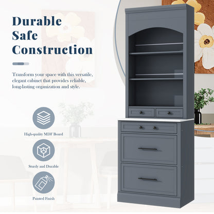Gray Farmhouse Kitchen Pantry - 83.7" Tall Hutch with Marble Top