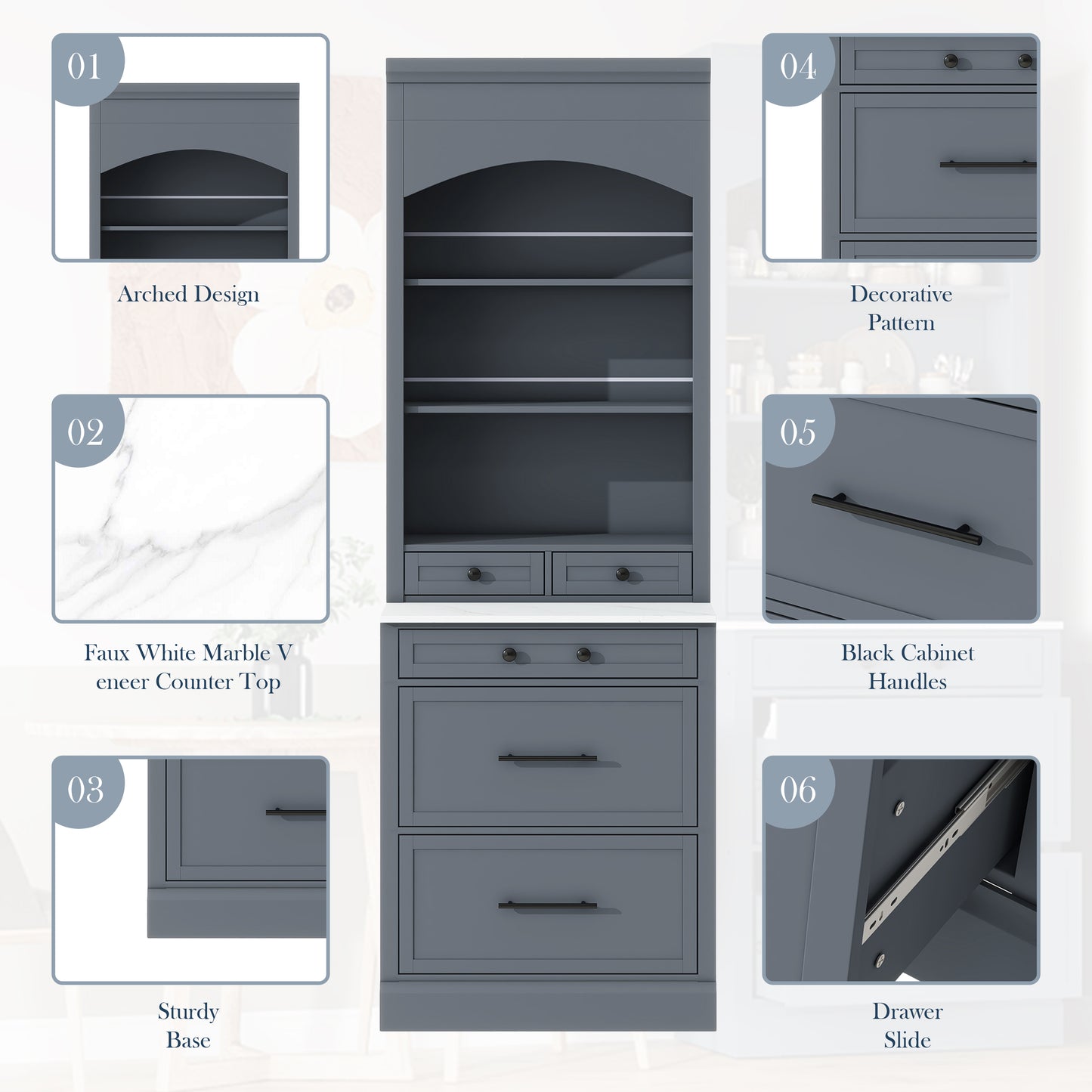 Gray Farmhouse Kitchen Pantry - 83.7" Tall Hutch with Marble Top