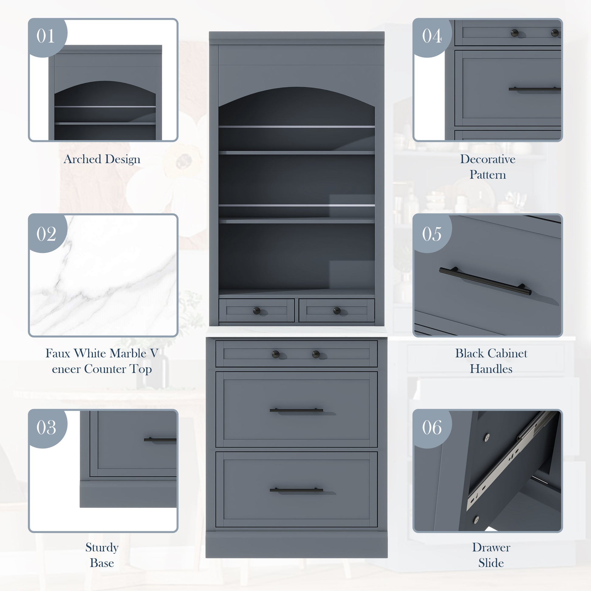 Gray Farmhouse Kitchen Pantry - 83.7" Tall Hutch with Marble Top
