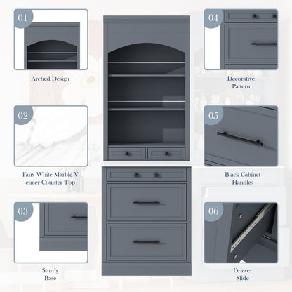 Gray Farmhouse Kitchen Pantry - 83.7" Tall Hutch with Marble Top