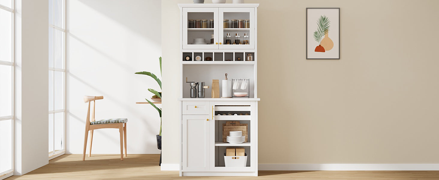 Farmhouse Buffet with Hutch - White MDF Storage Cabinet