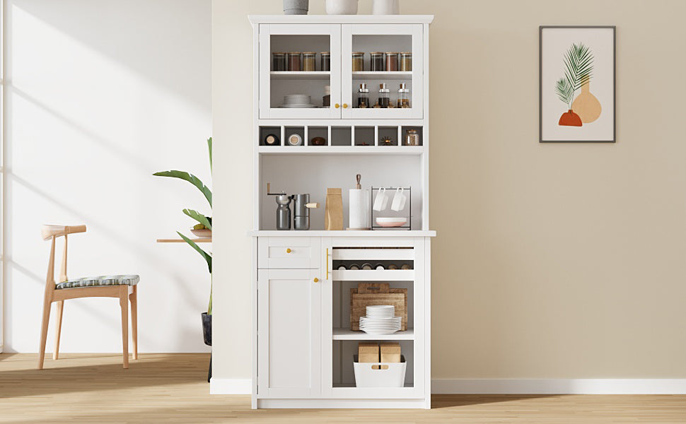 Farmhouse Buffet with Hutch - White MDF Storage Cabinet
