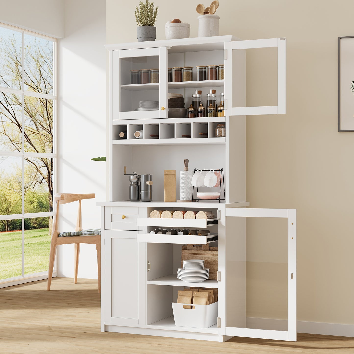 Farmhouse Buffet with Hutch - White MDF Storage Cabinet