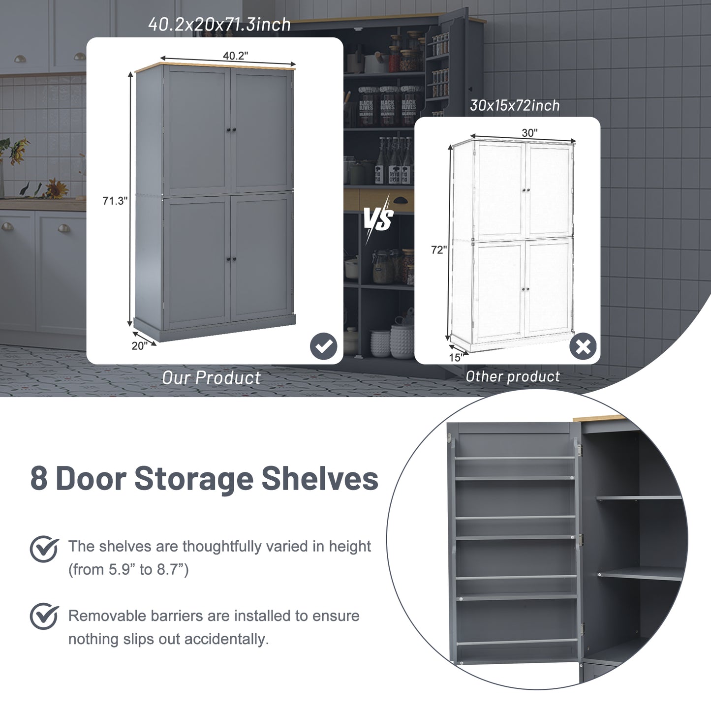 Gray Farmhouse Kitchen Pantry - 40.2" x 20" with Adjustable Shelves