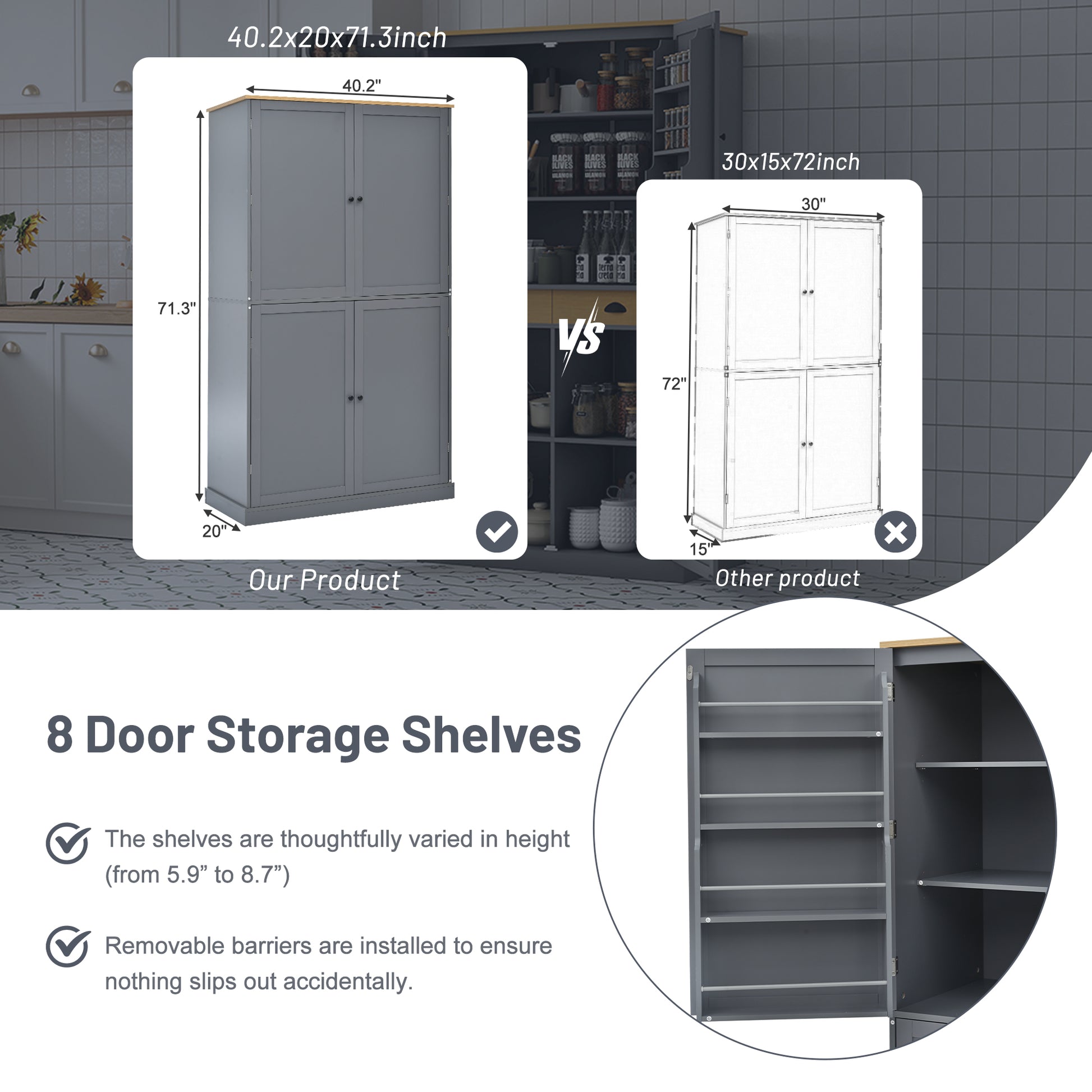 Gray Farmhouse Kitchen Pantry - 40.2" x 20" with Adjustable Shelves