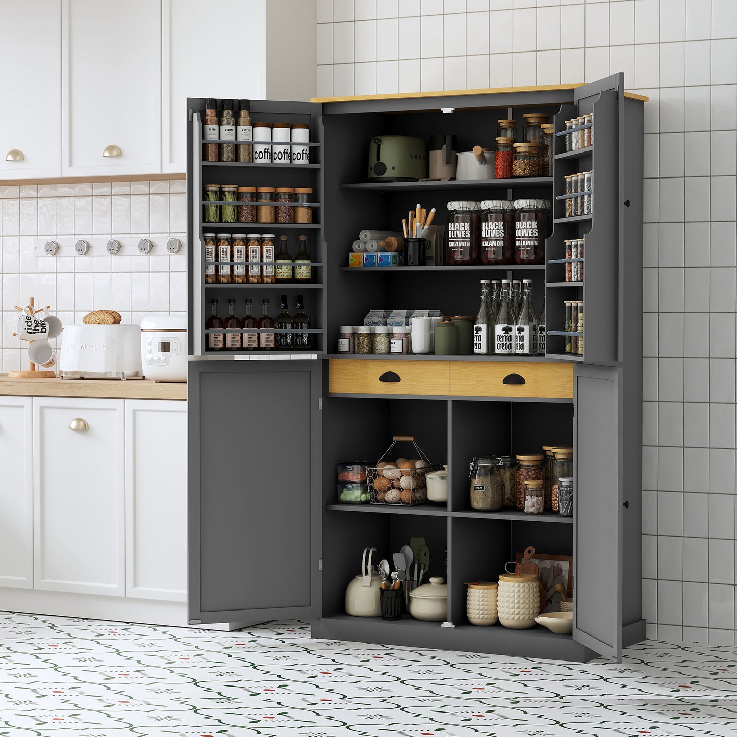 [Assembly Video Provided]TOPMAX 40.2x20x71.3inch High Freestanding Kitchen Pantry Large Cupboard Storage Cabinet with 2 Drawers, 2 Adjustable Shelves, 8 Door Shelves for Kitchen, Dining Room,Gray