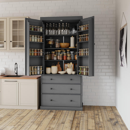 TOPMAX 77" Farmhouse Kitchen Pantry, Freestanding Tall Cupboard Storage Cabinet with 3 Adjustable Shelves, 8 Door Shelves, 3 Drawers for Kitchen, Dining Room, Gray (SP000047)