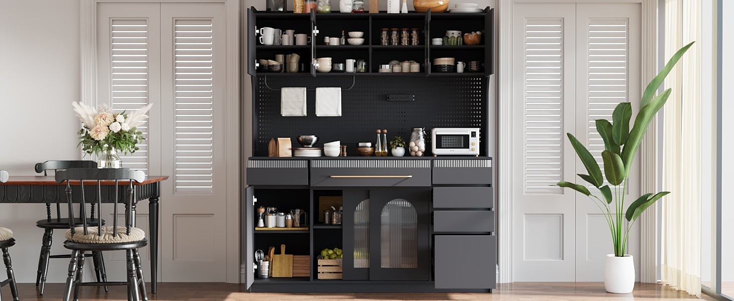 Farmhouse Buffet with Hutch - 63" Black Glass MDF Storage Cabinet