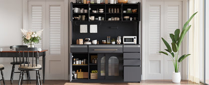 Farmhouse Buffet with Hutch - 63" Black Glass MDF Storage Cabinet