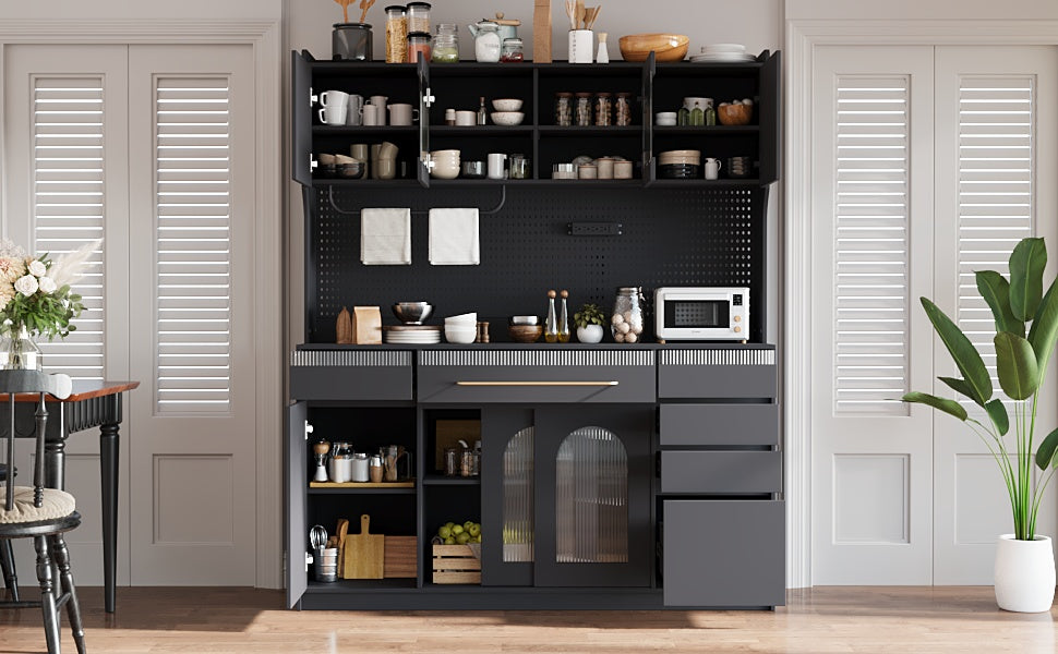 Farmhouse Buffet with Hutch - 63" Black Glass MDF Storage Cabinet