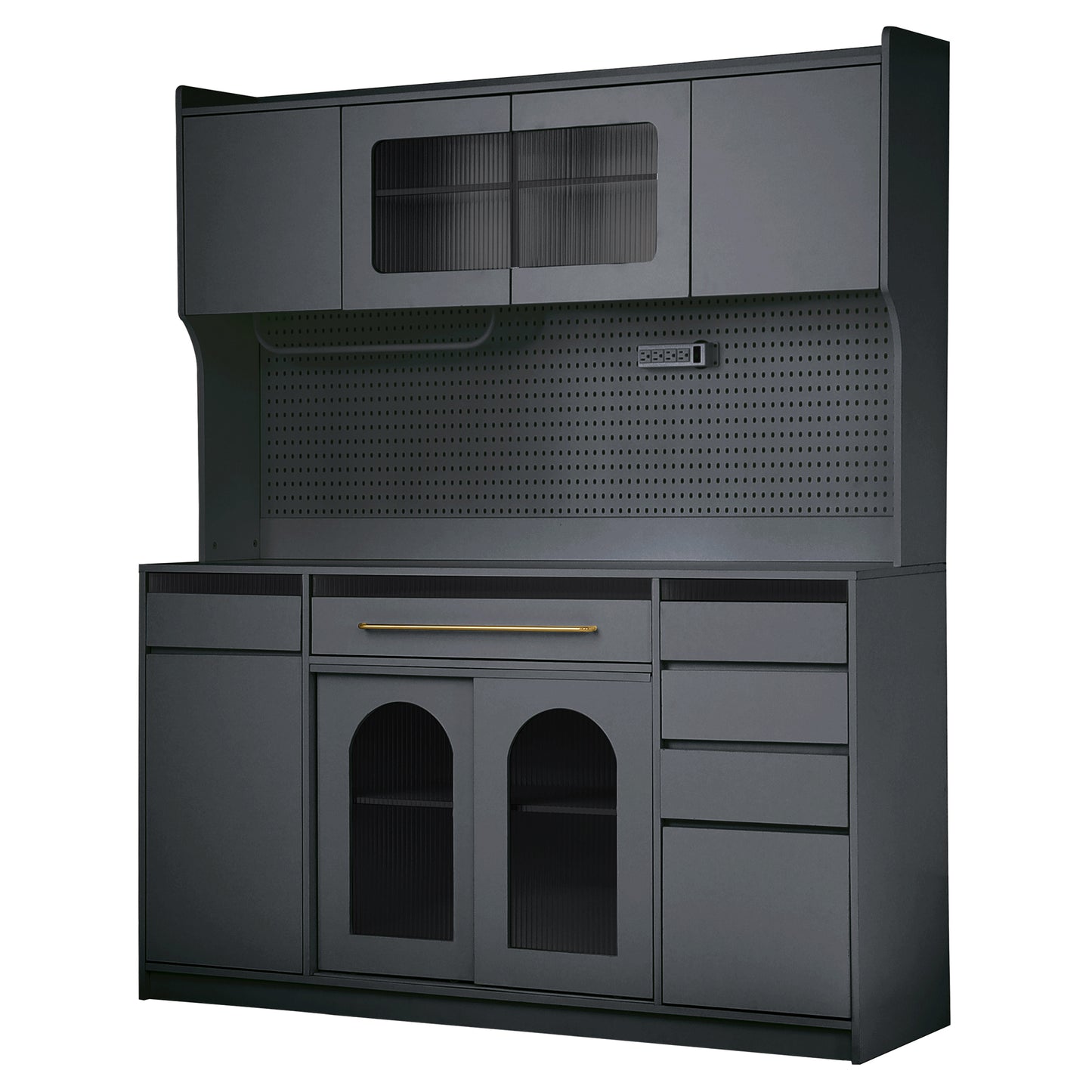 Farmhouse Buffet with Hutch - 63" Black Glass MDF Storage Cabinet