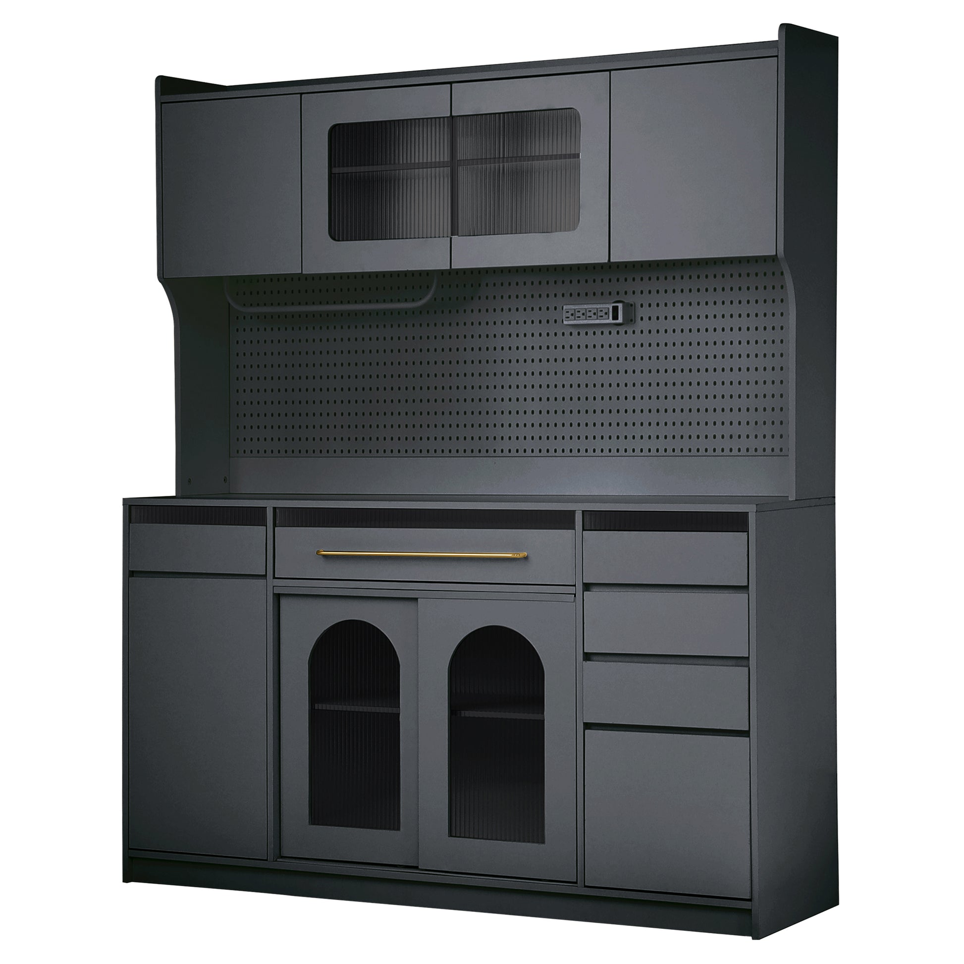 Farmhouse Buffet with Hutch - 63" Black Glass MDF Storage Cabinet