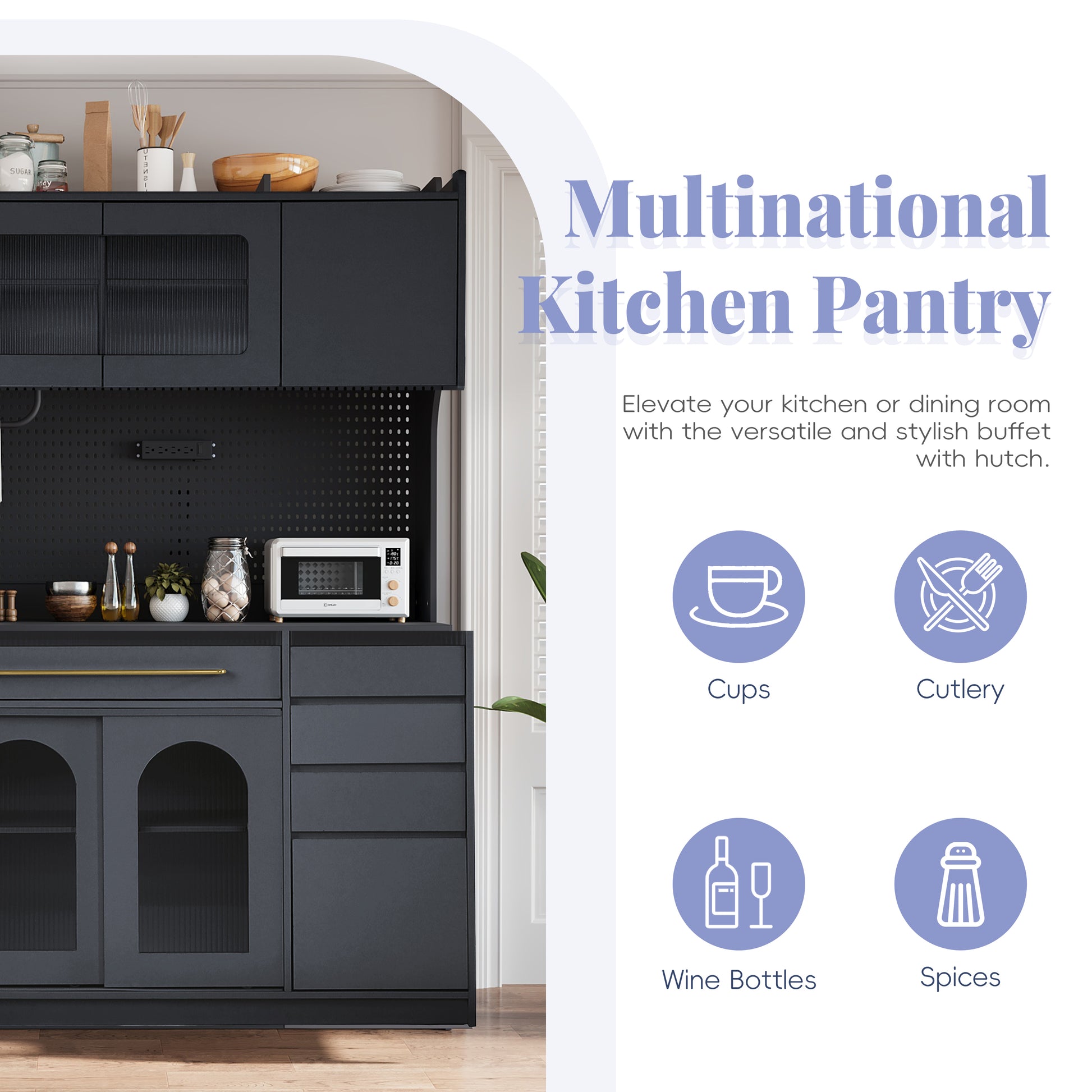 Farmhouse Buffet with Hutch - 63" Black Glass MDF Storage Cabinet