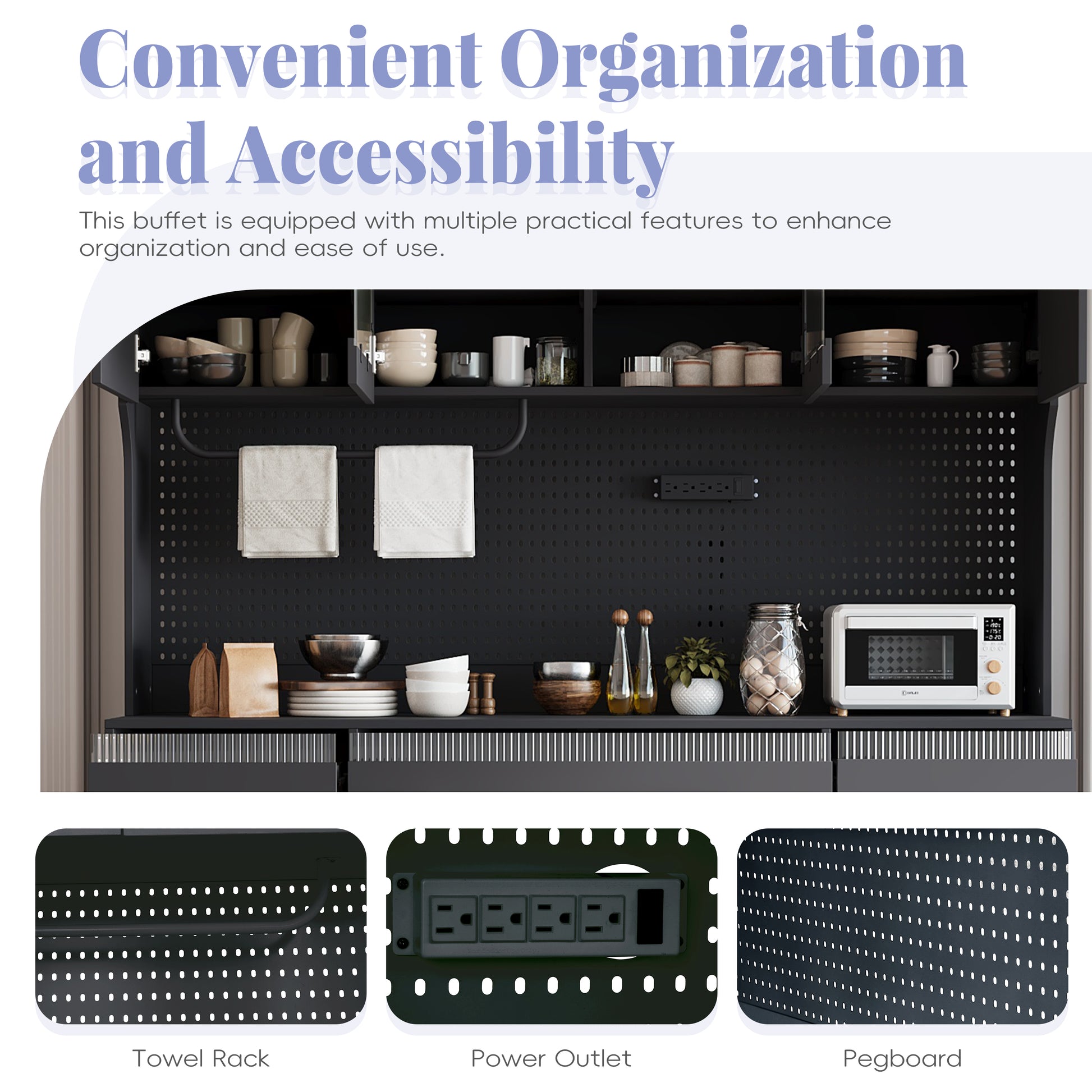 Farmhouse Buffet with Hutch - 63" Black Glass MDF Storage Cabinet