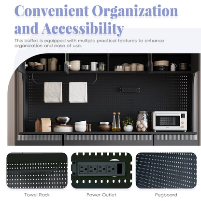 Farmhouse Buffet with Hutch - 63" Black Glass MDF Storage Cabinet