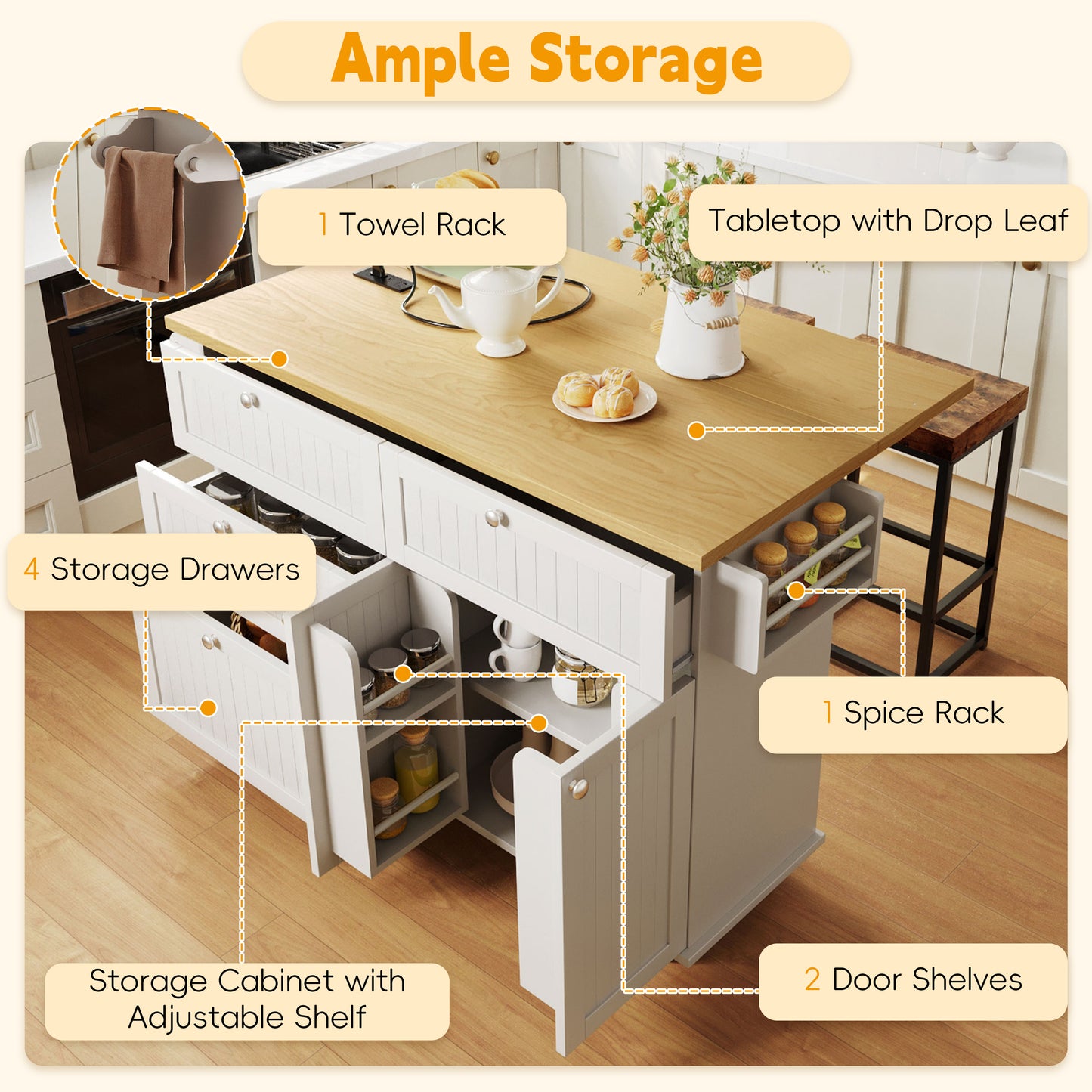 Farmhouse Kitchen Island Set - White with Drop Leaf & Storage