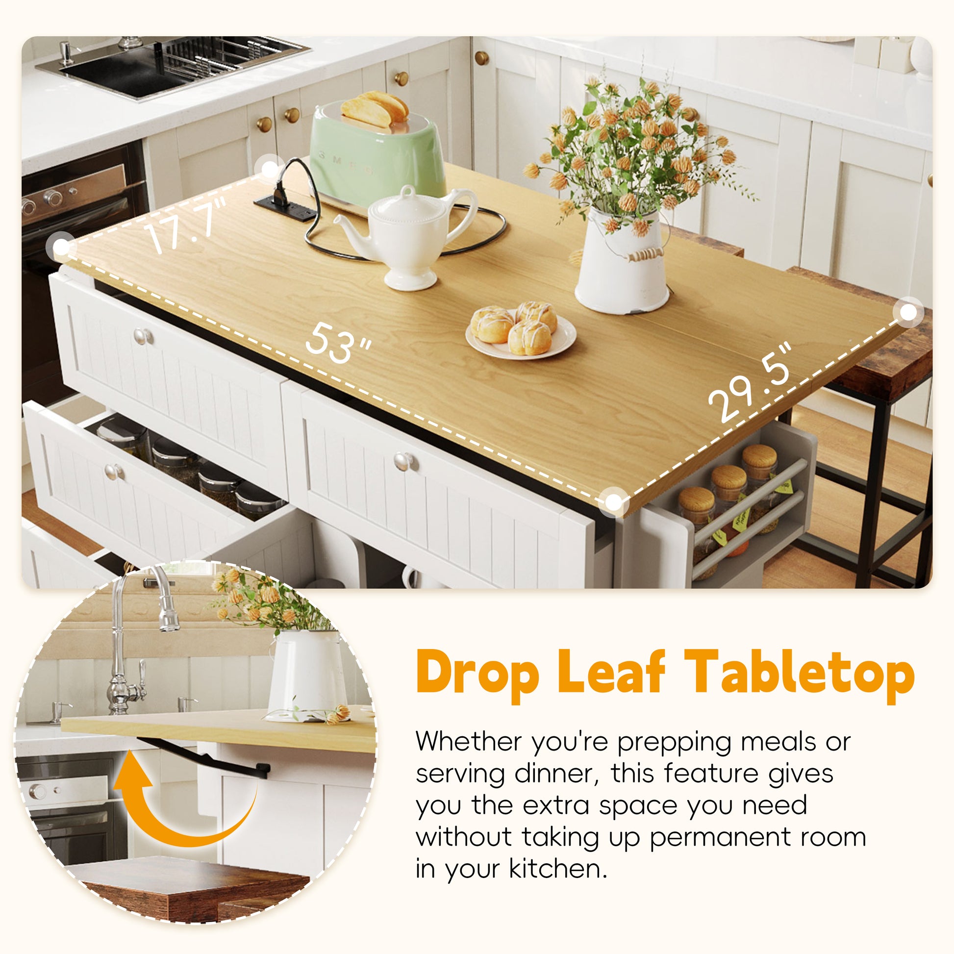 Farmhouse Kitchen Island Set - White with Drop Leaf & Storage