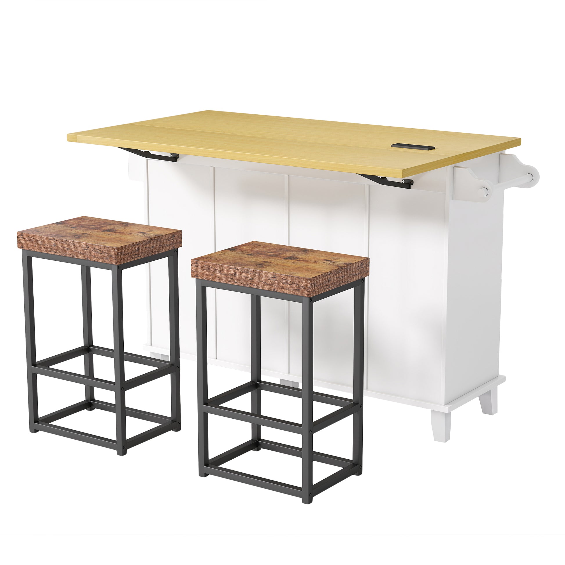 Farmhouse Kitchen Island Set - White with Drop Leaf & Storage