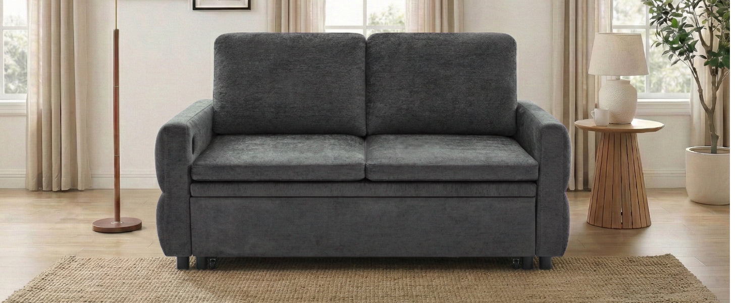 Convertible Loveseat Sofa Bed - 62.75" Grey Chenille Sleeper for Living Room