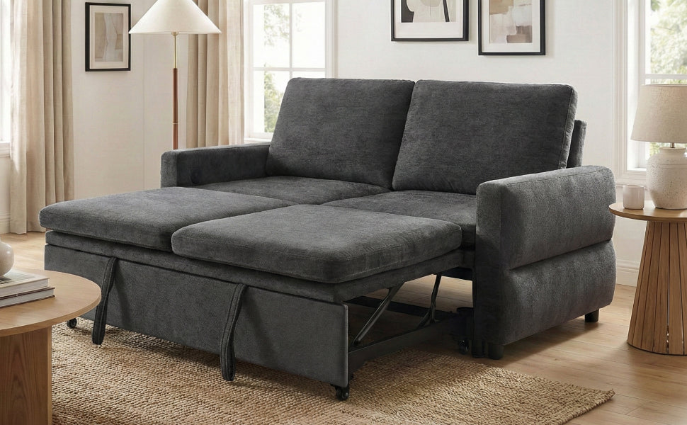 Convertible Loveseat Sofa Bed - 62.75" Grey Chenille Sleeper for Living Room