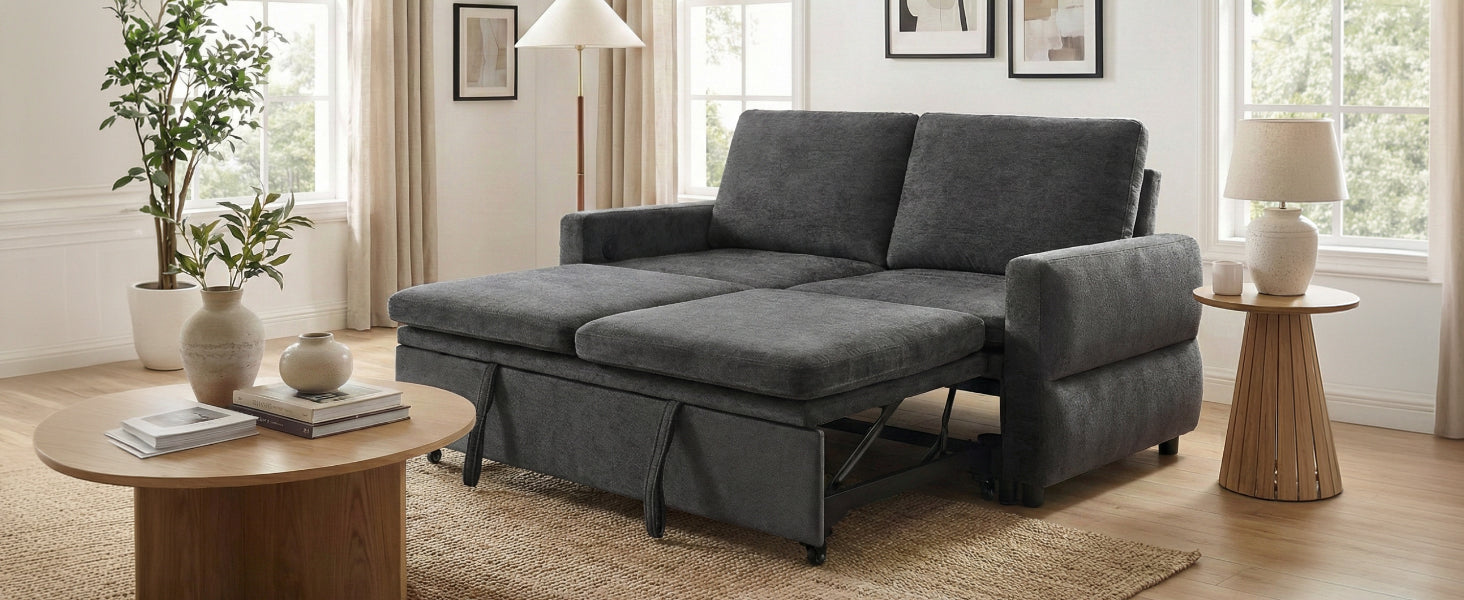 Convertible Loveseat Sofa Bed - 62.75" Grey Chenille Sleeper for Living Room