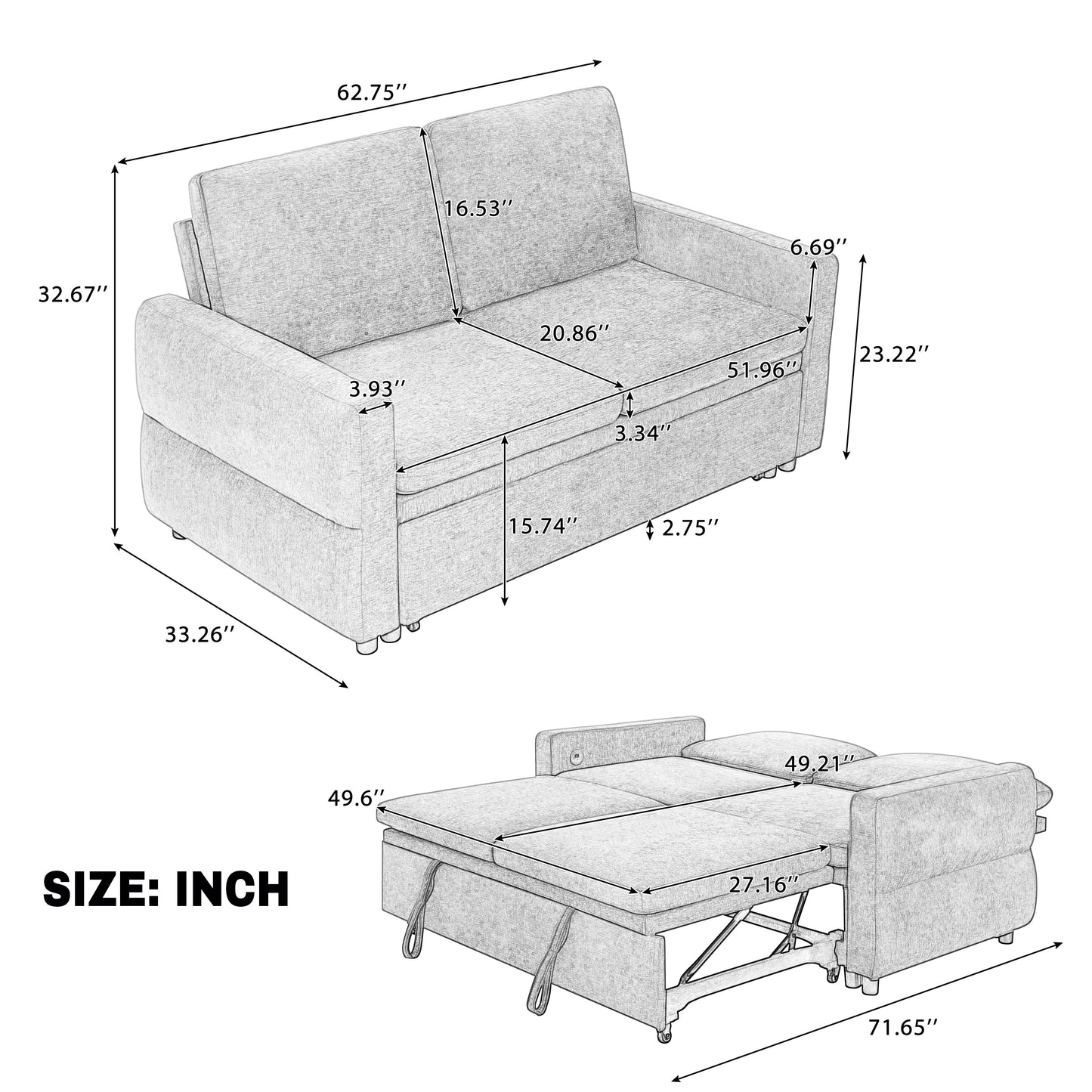 Convertible Loveseat Sofa Bed - 62.75" Grey Chenille Sleeper for Living Room