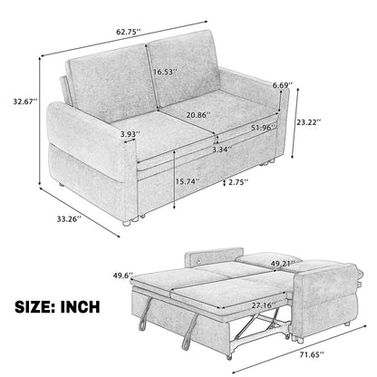 Convertible Loveseat Sofa Bed - 62.75" Grey Chenille Sleeper for Living Room