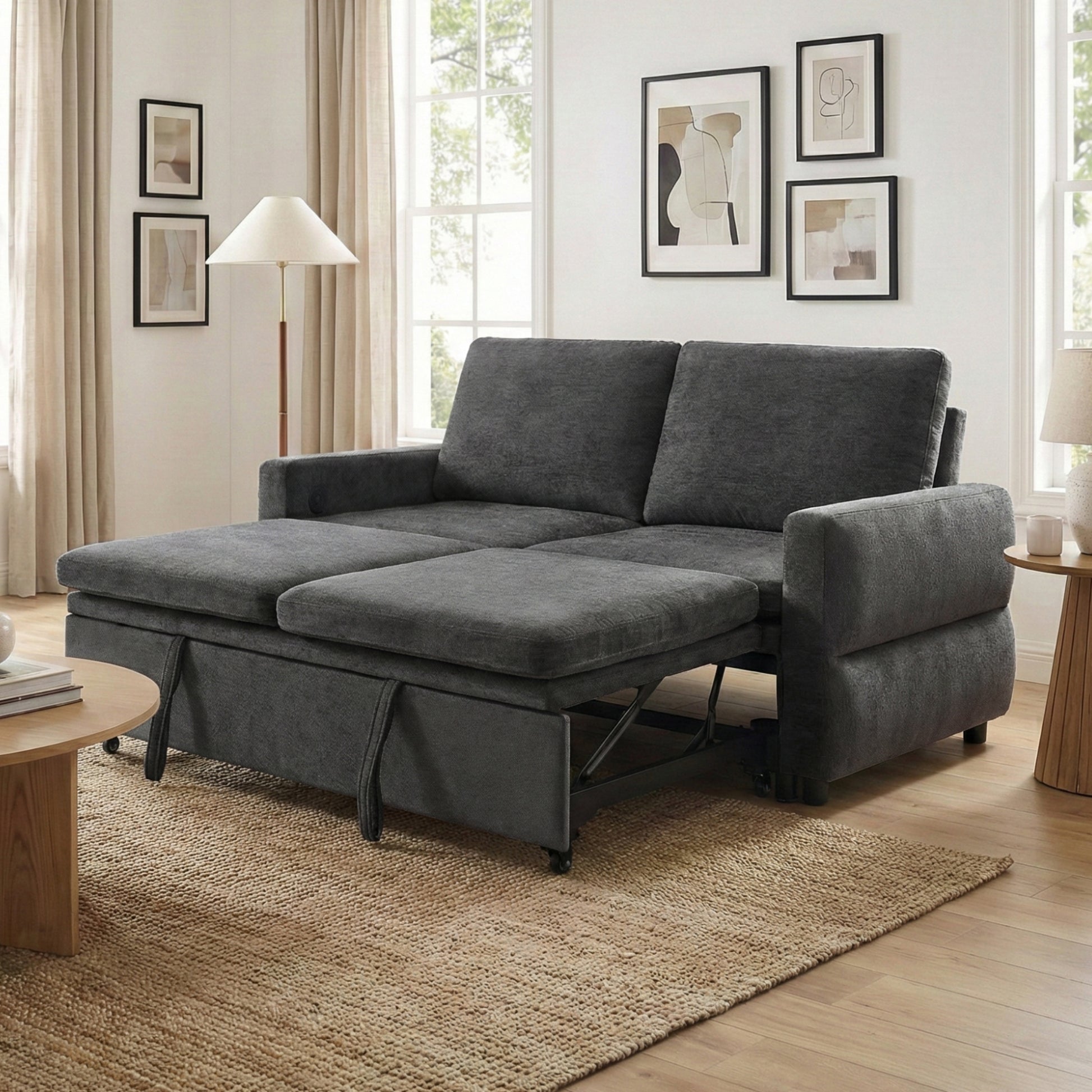 Convertible Sofa Bed 62.75" Sleeper Sofa Loveseat Sofa Couch with Adjustable Backrest and USB Ports for Living Room, Grey