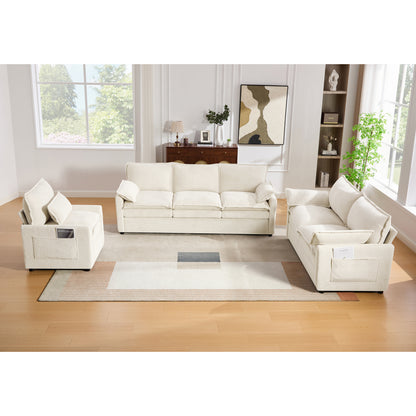 Modern Sofa Set Soft Plush Upholstered Couch Collection with Double-Layer Cushion and Side Storage Pockets for Living Room, Beige