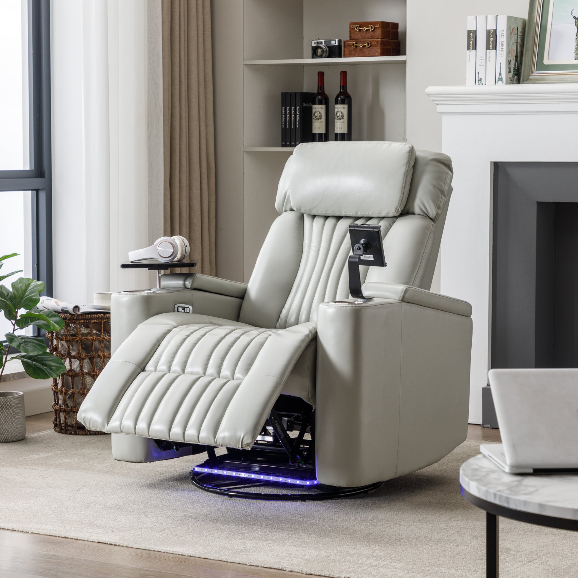 270° Power Swivel Recliner,Home Theater Seating With Hidden Arm Storage and  LED Light Strip,Cup Holder,360° Swivel Tray Table,and Cell Phone Holder,Soft Living Room Chair (Old SKU:SG000750AAE),Grey