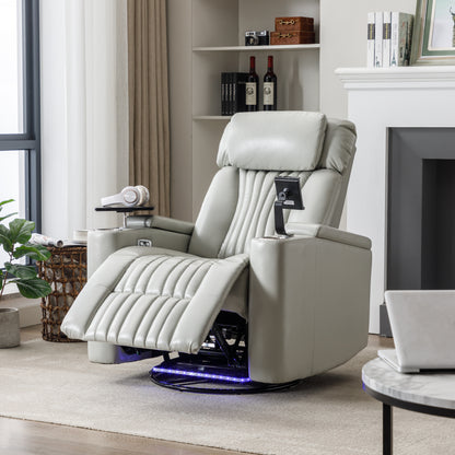 270° Power Swivel Recliner,Home Theater Seating With Hidden Arm Storage and  LED Light Strip,Cup Holder,360° Swivel Tray Table,and Cell Phone Holder,Soft Living Room Chair (Old SKU:SG000750AAE),Grey