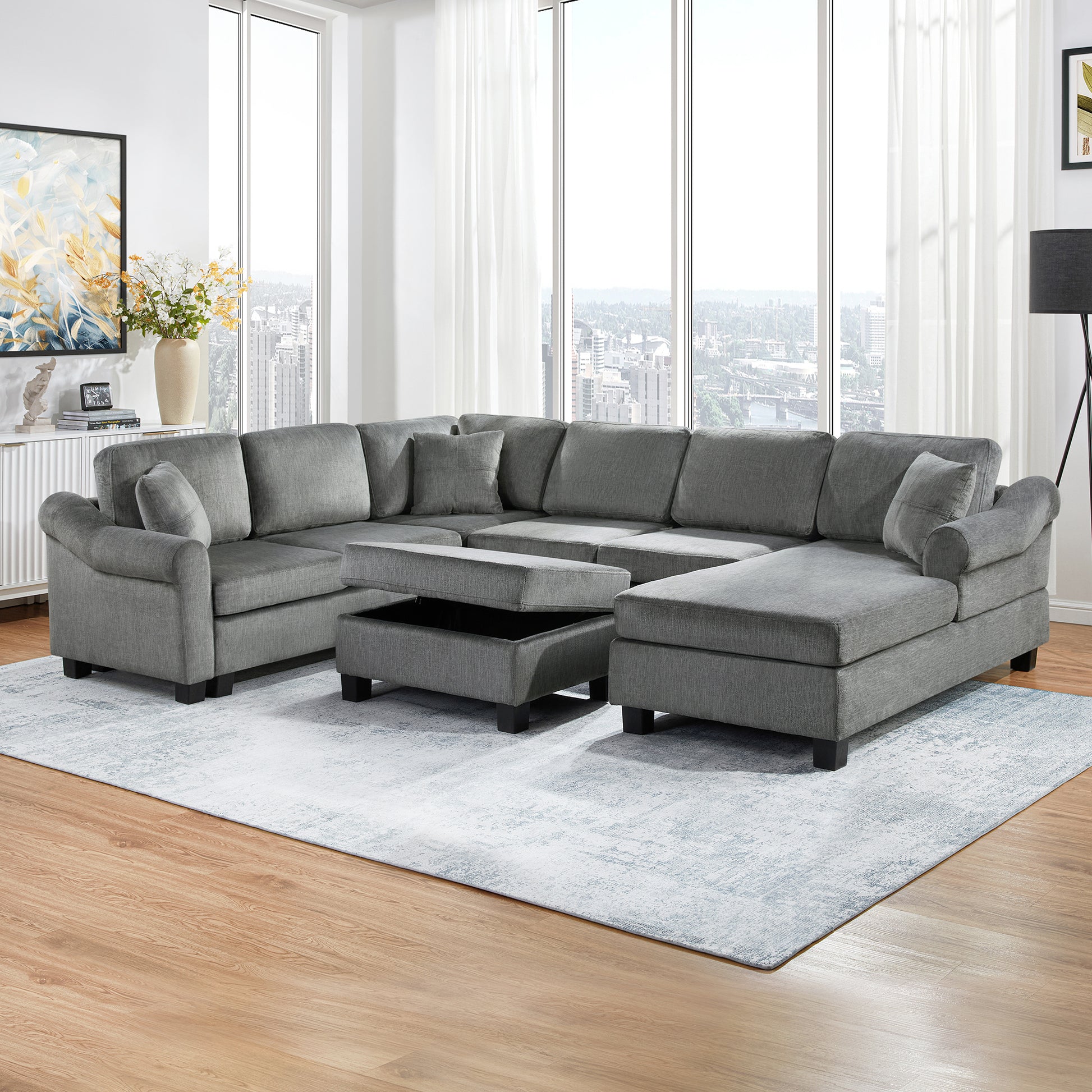 Sectional Sofa 111.8" U-shaped Sofa Chenille Upholstered Sofa Couch with Movable Storage Ottoman for Living Room, Dark Gray
