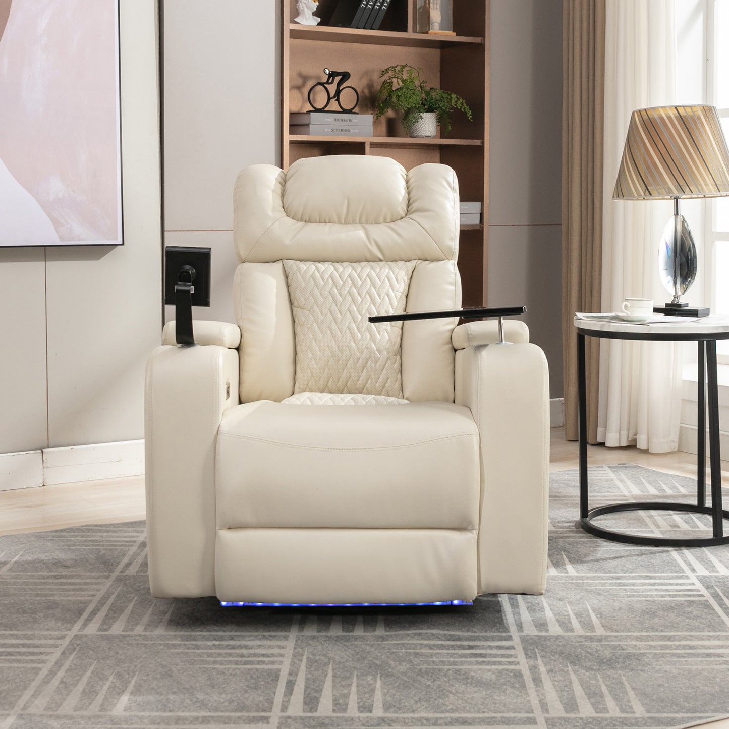 270 Degree Swivel PU Leather Power Recliner Individual Seat Home Theater Recliner with Tray Table,  Phone Holder, Cup Holder,  USB Port, Hidden Arm Storage for Living Room(Old SKU:SG001190AAA), White