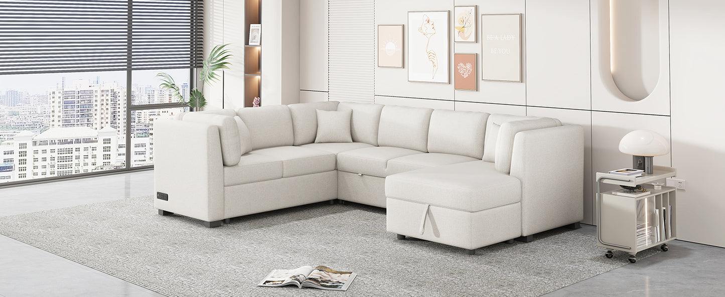 108" U-Shaped Sectional Sofa Bed - Beige with Storage for Living Room