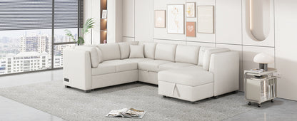 108" U-Shaped Sectional Sofa Bed - Beige with Storage for Living Room