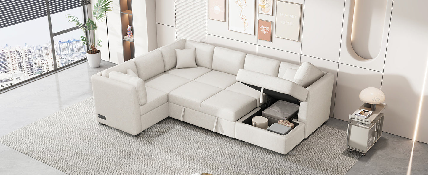 108" U-Shaped Sectional Sofa Bed - Beige with Storage for Living Room